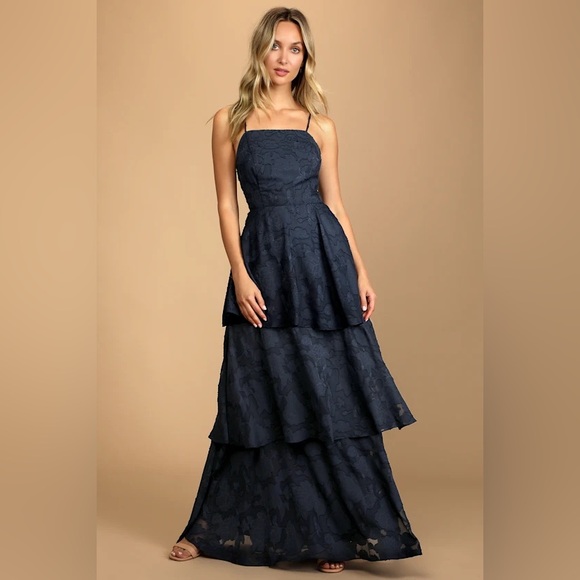 Lulus Dresses & Skirts - Lulu's Loving Celebration Navy Floral Lace-Up Tiered Maxi Dress Size XL